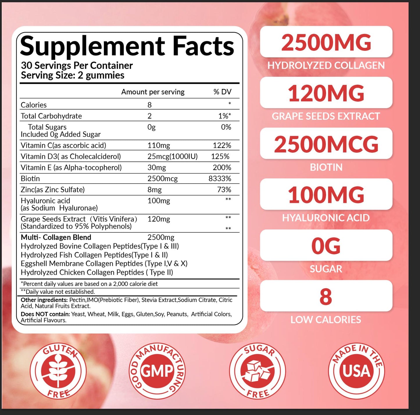 Collagen Gummies Women, with Biotin, Vitamins C & D3, Grape Seed Extract - Peach Flavour - Fitness, Collagen Peptides, Liquid Filled Gummies, Healthcare, Dietary Supplement, Beauty Hair Nail Support Edible - female multivet gummies