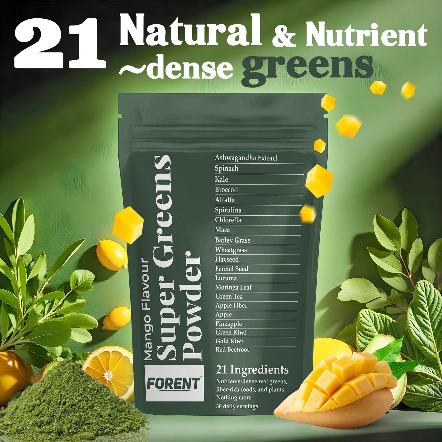 Mango Super Greens Powder with KSM-66 Ashwagandha, Spirulina, Kale and More - Organic, Vegan & Gluten-Free