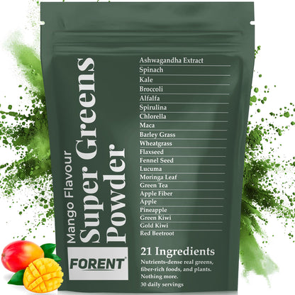 Mango Super Greens Powder with KSM-66 Ashwagandha, Spirulina, Kale and More - Organic, Vegan & Gluten-Free