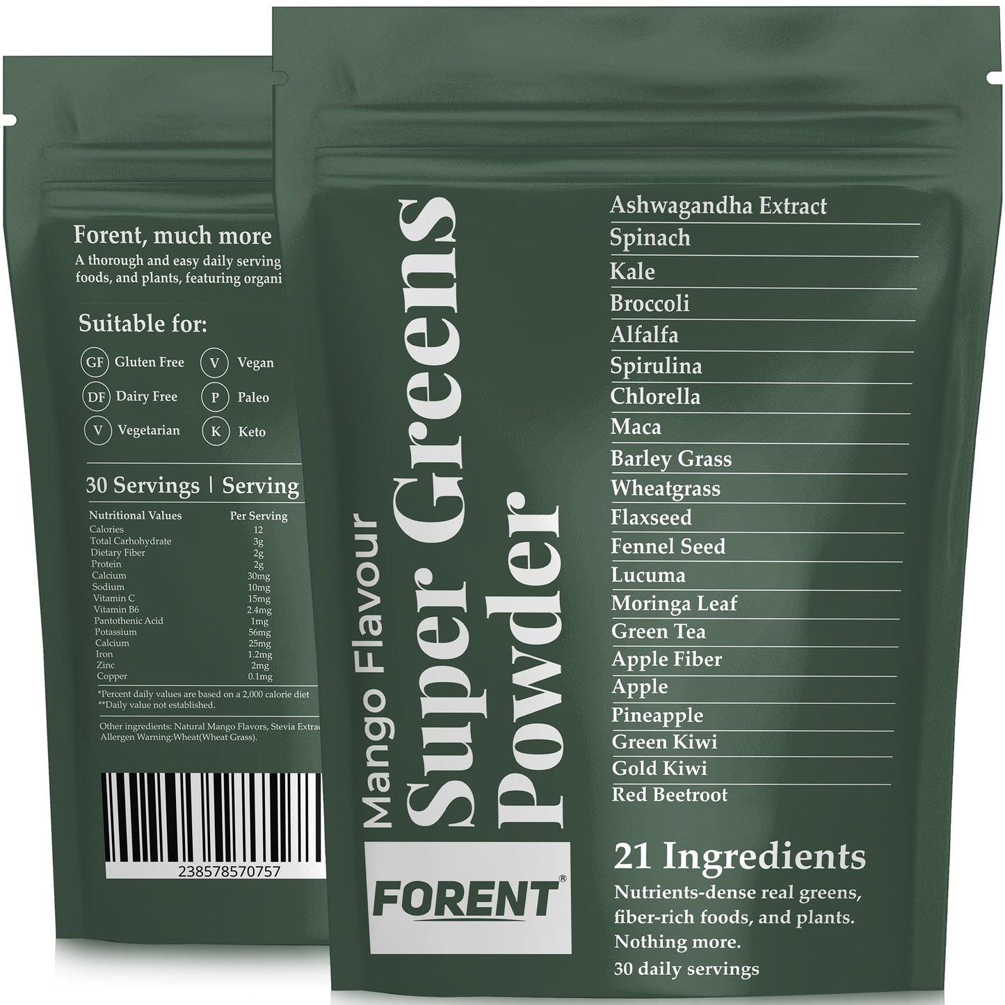 Mango Super Greens Powder with KSM-66 Ashwagandha, Spirulina, Kale and More - Organic, Vegan & Gluten-Free