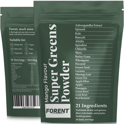 Mango Super Greens Powder with KSM-66 Ashwagandha, Spirulina, Kale and More - Organic, Vegan & Gluten-Free