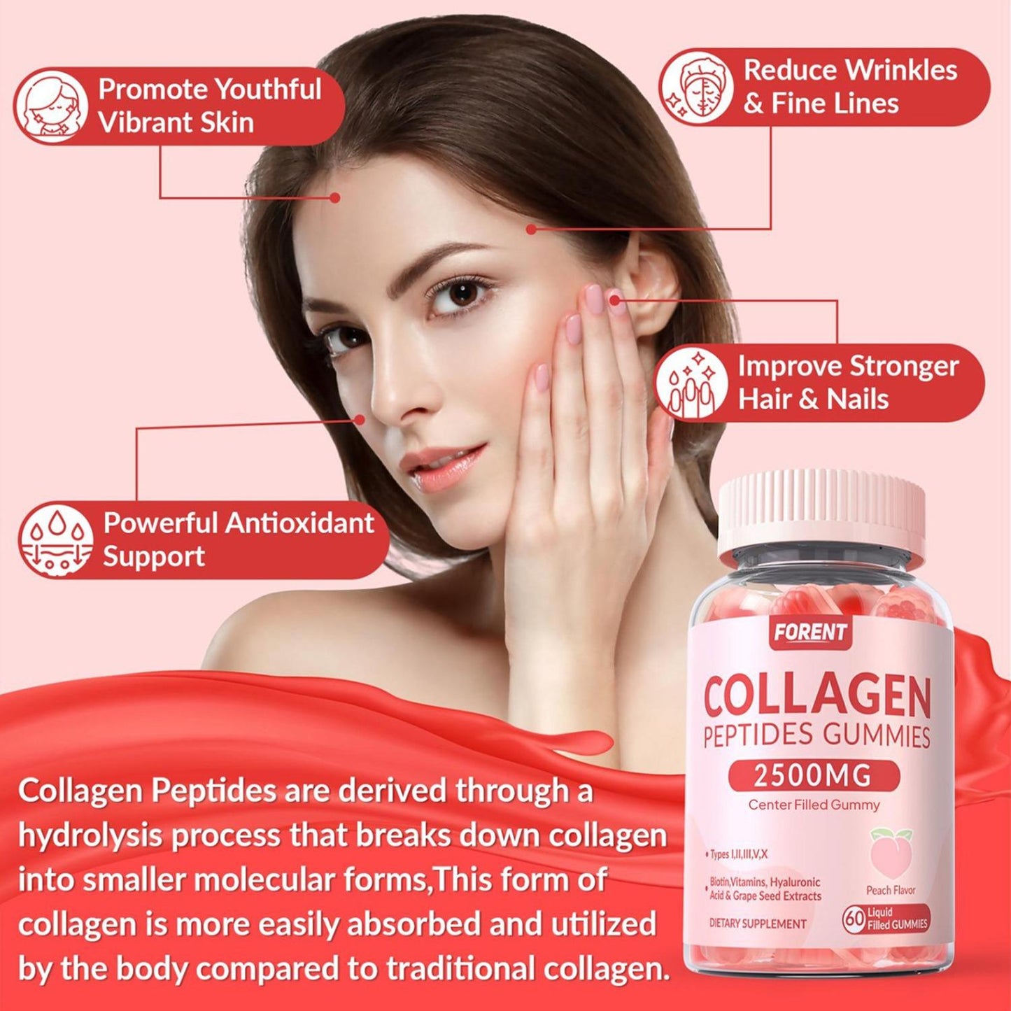 Collagen Gummies Women, with Biotin, Vitamins C & D3, Grape Seed Extract - Peach Flavour - Fitness, Collagen Peptides, Liquid Filled Gummies, Healthcare, Dietary Supplement, Beauty Hair Nail Support Edible - female multivet gummies
