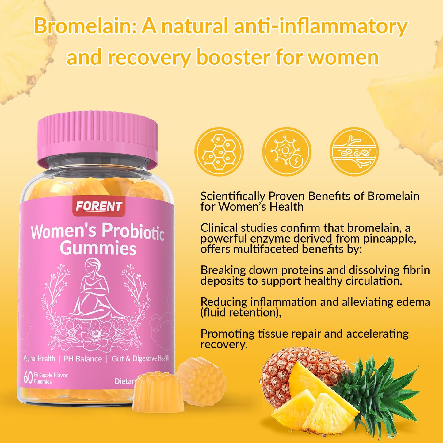 Women's Probiotic Gummies | Gut & Digestive Health Support | pH Balance Pineapple Flavor (60 Gummies), Healthcare Vitamin Dietary Supplement Fruit Natural Edible