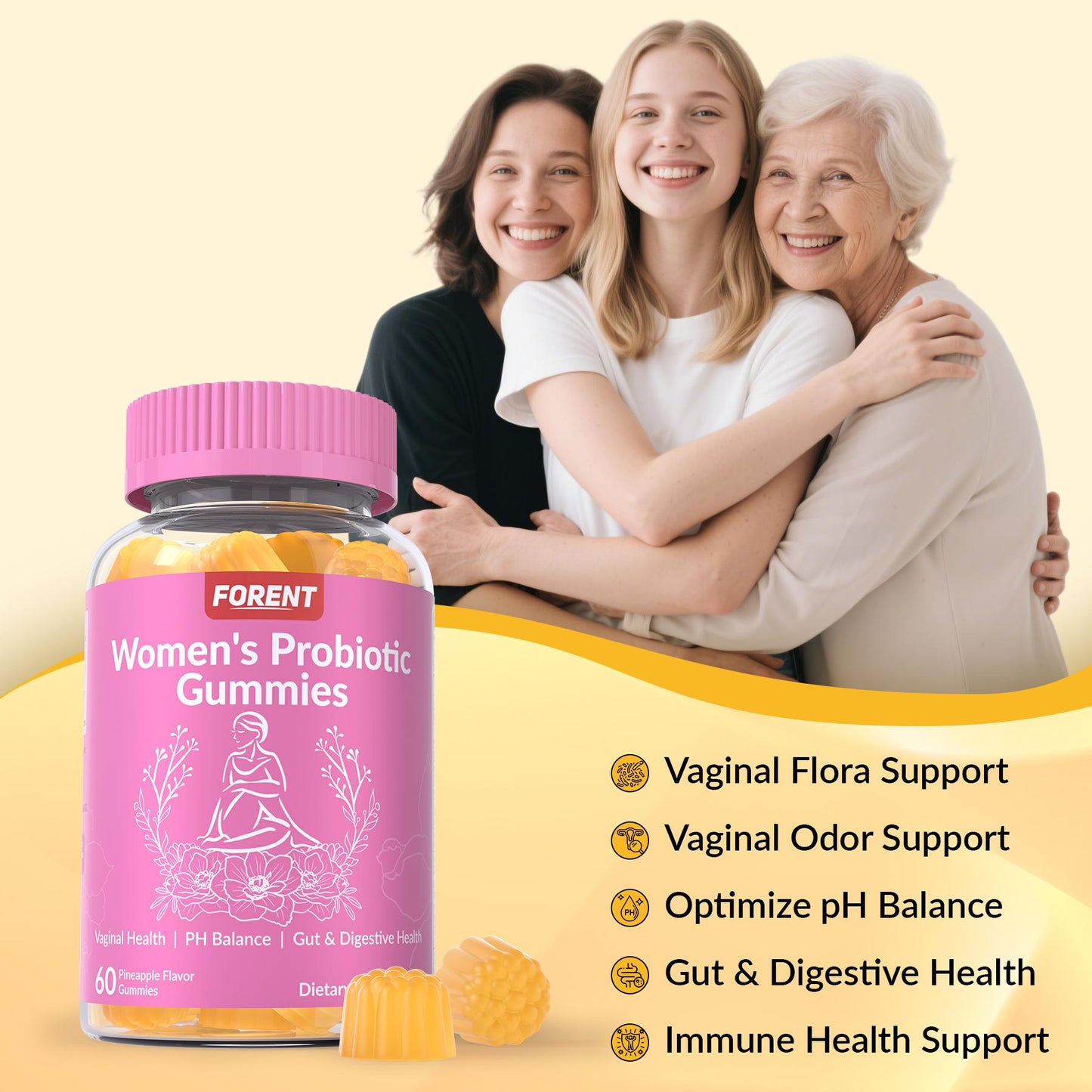Women's Probiotic Gummies | Gut & Digestive Health Support | pH Balance Pineapple Flavor (60 Gummies), Healthcare Vitamin Dietary Supplement Fruit Natural Edible