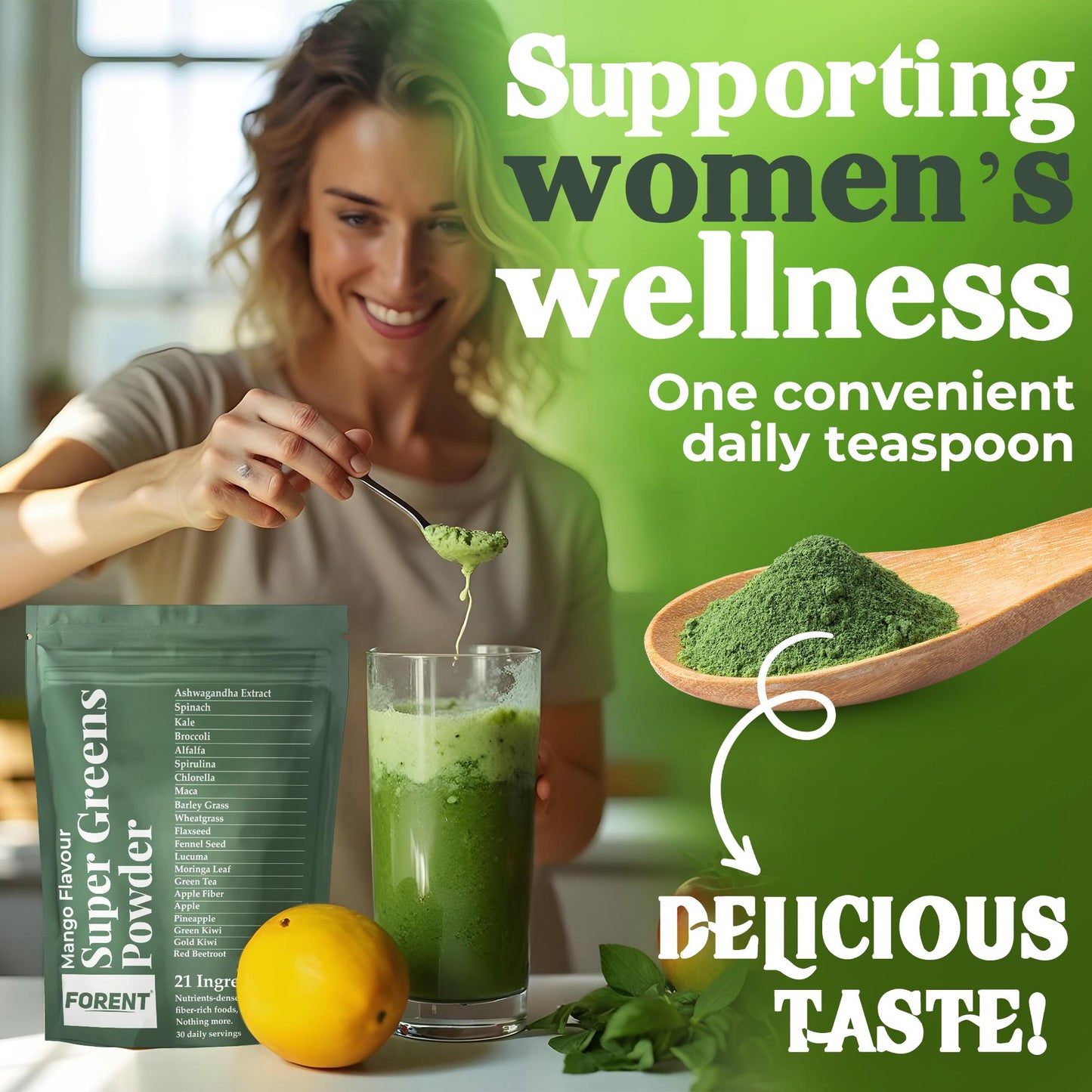 Mango Super Greens Powder with KSM-66 Ashwagandha, Spirulina, Kale and More - Organic, Vegan & Gluten-Free