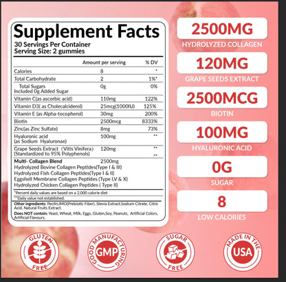 Collagen Gummies Women, with Biotin, Vitamins C & D3, Grape Seed Extract - Peach Flavour - Fitness, Collagen Peptides, Liquid Filled Gummies, Healthcare, Dietary Supplement, Beauty Hair Nail Support Edible - female multivet gummies