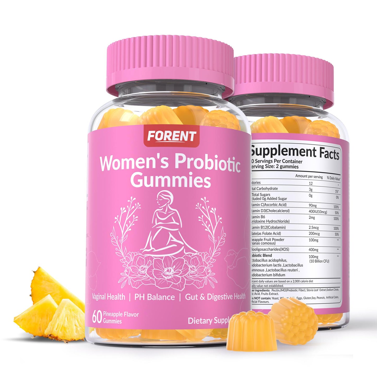 Women's Probiotic Gummies | Gut & Digestive Health Support | pH Balance Pineapple Flavor (60 Gummies), Healthcare Vitamin Dietary Supplement Fruit Natural Edible