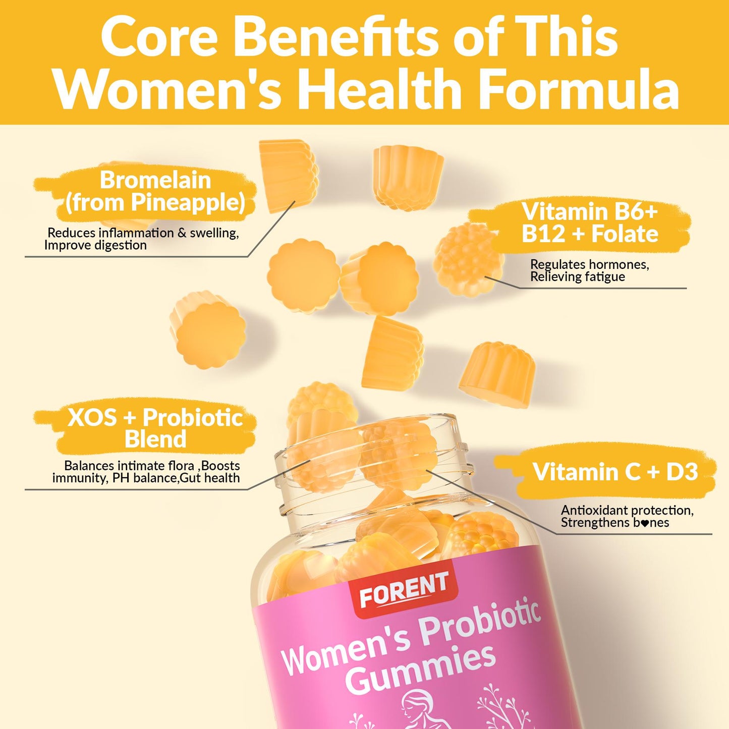 Women's Probiotic Gummies | Gut & Digestive Health Support | pH Balance Pineapple Flavor (60 Gummies), Healthcare Vitamin Dietary Supplement Fruit Natural Edible